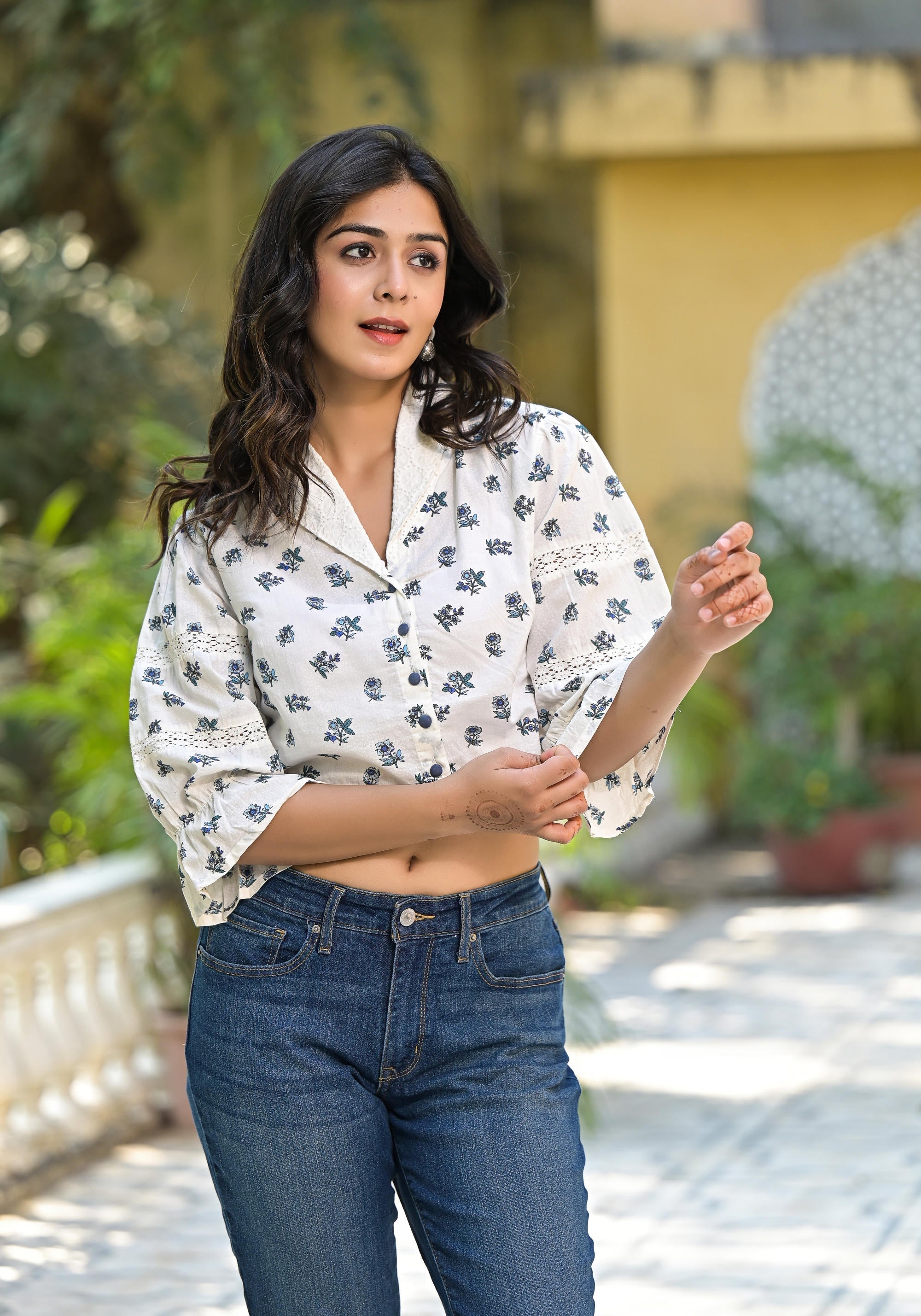 Juniper White Floral Printed Cotton Top With Button Closure | Grocsy