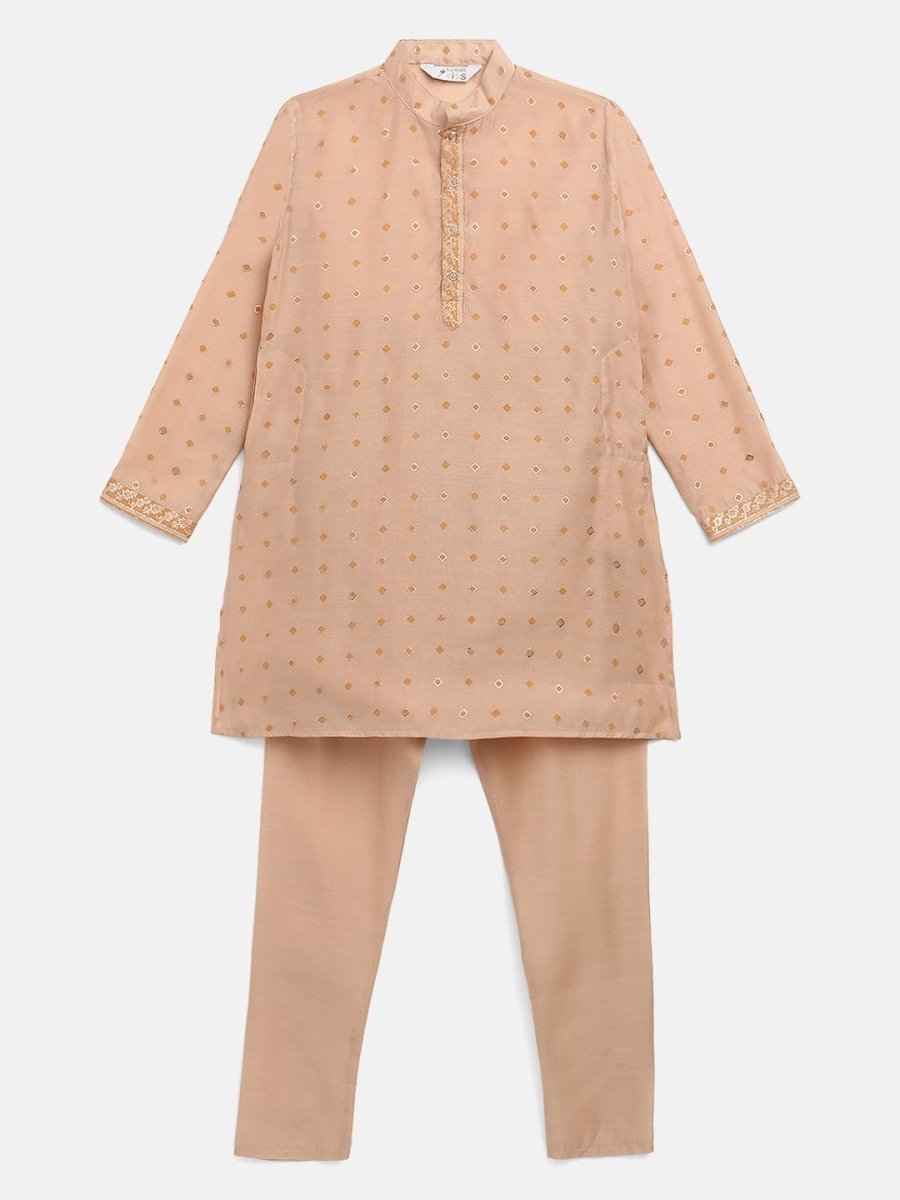 Ahalyaa Boys Beige Chanderi Khari Printed Kids Kurta Churidar Set | Grocsy