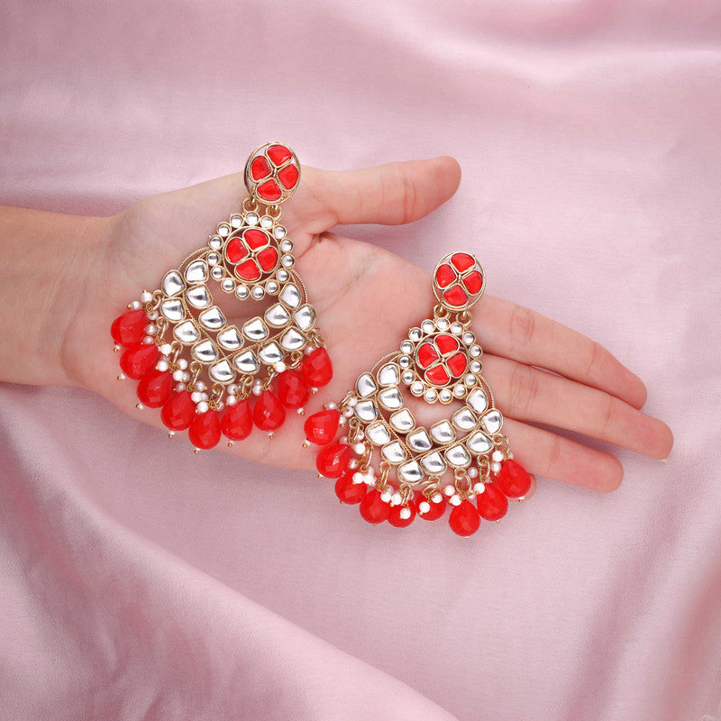 Tehzeeb Creations Gold Polish Kundan Red Colour Earrings | Grocsy