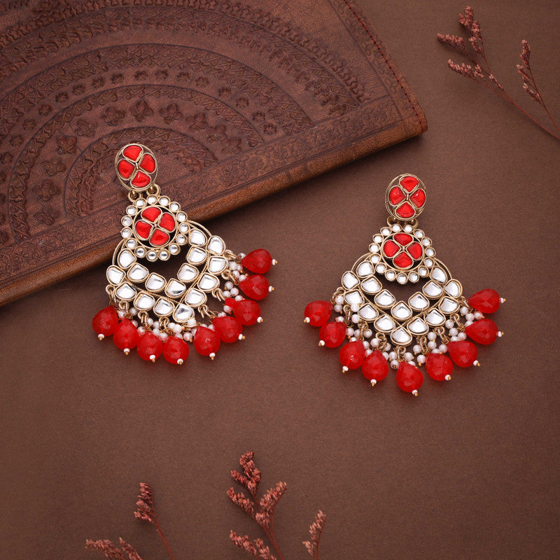 Tehzeeb Creations Gold Polish Kundan Red Colour Earrings | Grocsy