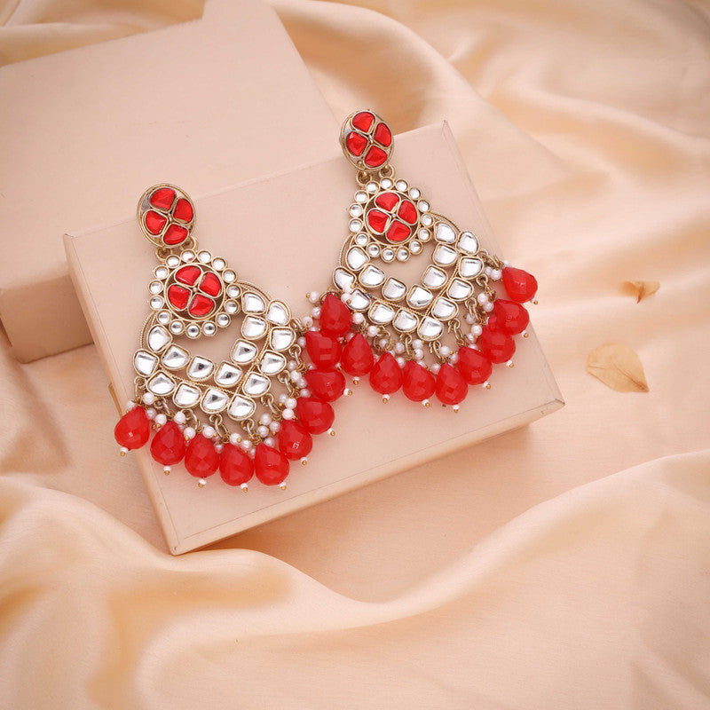 Tehzeeb Creations Gold Polish Kundan Red Colour Earrings | Grocsy
