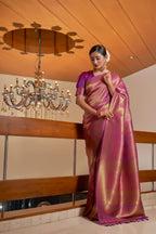 Vardha Mauve Wine Golden Zari Kanjeevaram Silk Saree | Grocsy