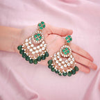 Tehzeeb Creations Gold Polish Kundan Green Colour Earrings | Grocsy