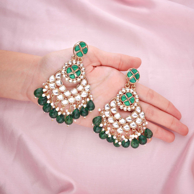 Tehzeeb Creations Gold Polish Kundan Green Colour Earrings | Grocsy