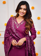 Vellora Roman Silk Magenta Festival Wear Sequins Work Readymade Straight Suit | Grocsy