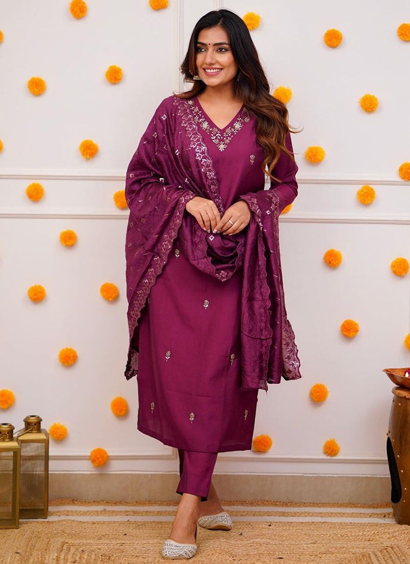 Vellora Roman Silk Magenta Festival Wear Sequins Work Readymade Straight Suit | Grocsy