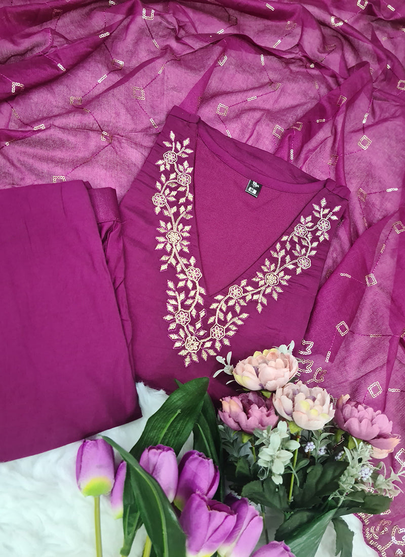 Vellora Roman Silk Magenta Festival Wear Sequins Work Readymade Straight Suit | Grocsy