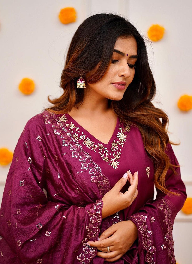 Vellora Roman Silk Magenta Festival Wear Sequins Work Readymade Straight Suit | Grocsy