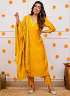 Vellora Roman Silk Yellow Festival Wear Sequins Work Readymade Straight Suit | Grocsy