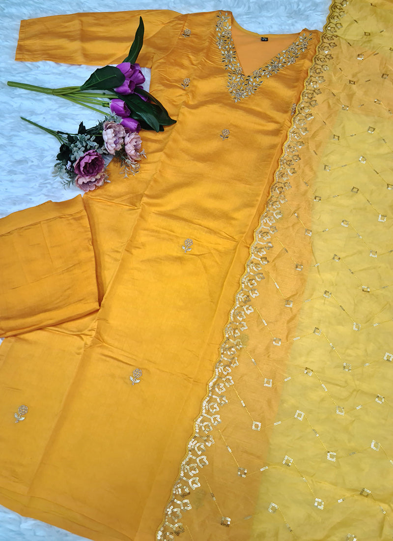 Vellora Roman Silk Yellow Festival Wear Sequins Work Readymade Straight Suit | Grocsy