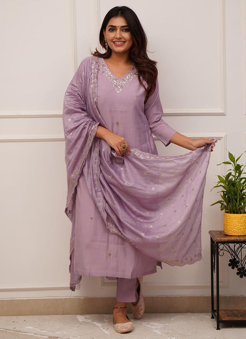 Vellora Roman Silk Lilac Festival Wear Sequins Work Readymade Straight Suit | Grocsy