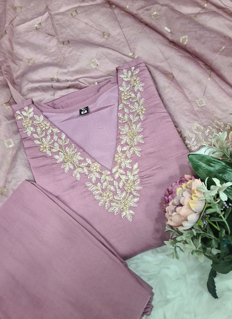 Vellora Roman Silk Lilac Festival Wear Sequins Work Readymade Straight Suit | Grocsy