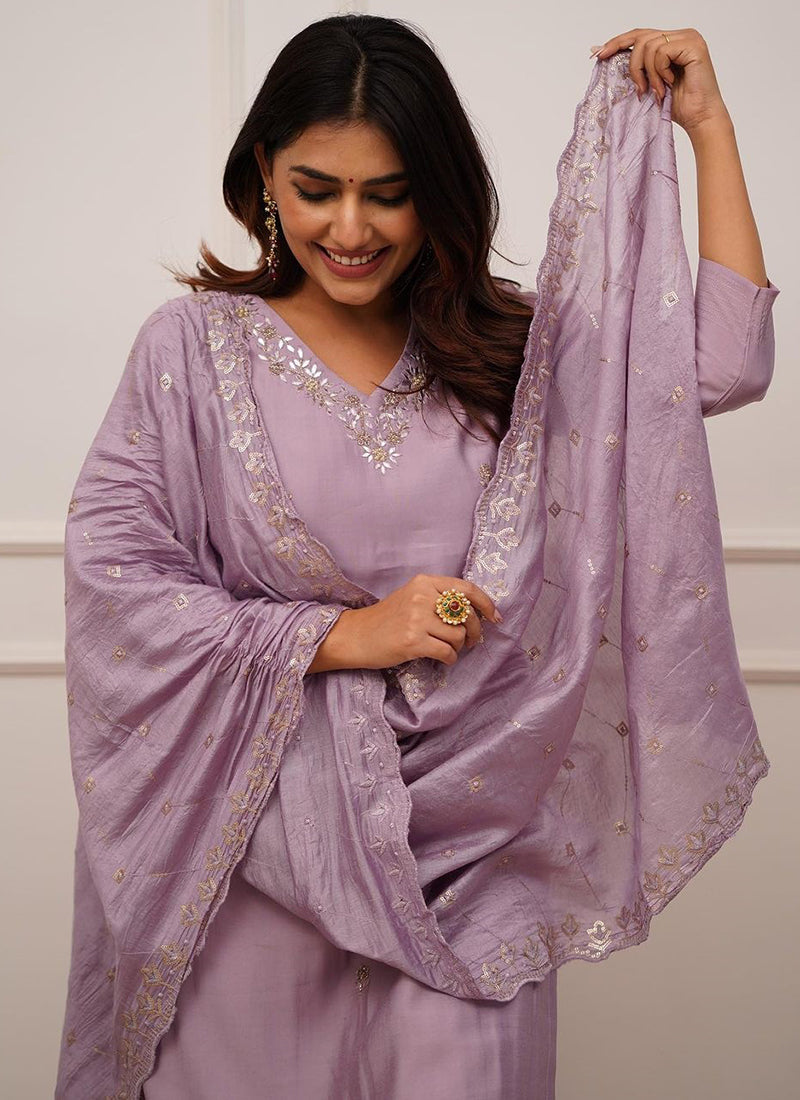 Vellora Roman Silk Lilac Festival Wear Sequins Work Readymade Straight Suit | Grocsy