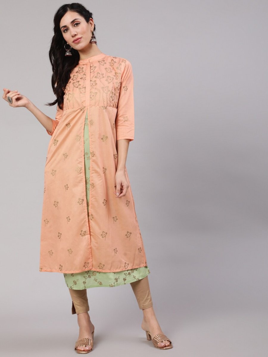 Aks Floral Printed Layered Chanderi Silk A Line Kurta | Grocsy