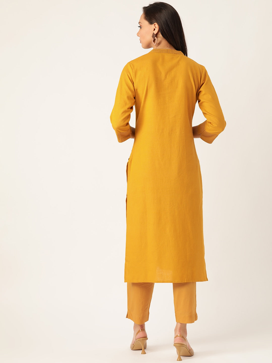 Sangria Women Mustard Yellow & Black Printed Kurta with Trousers | Grocsy
