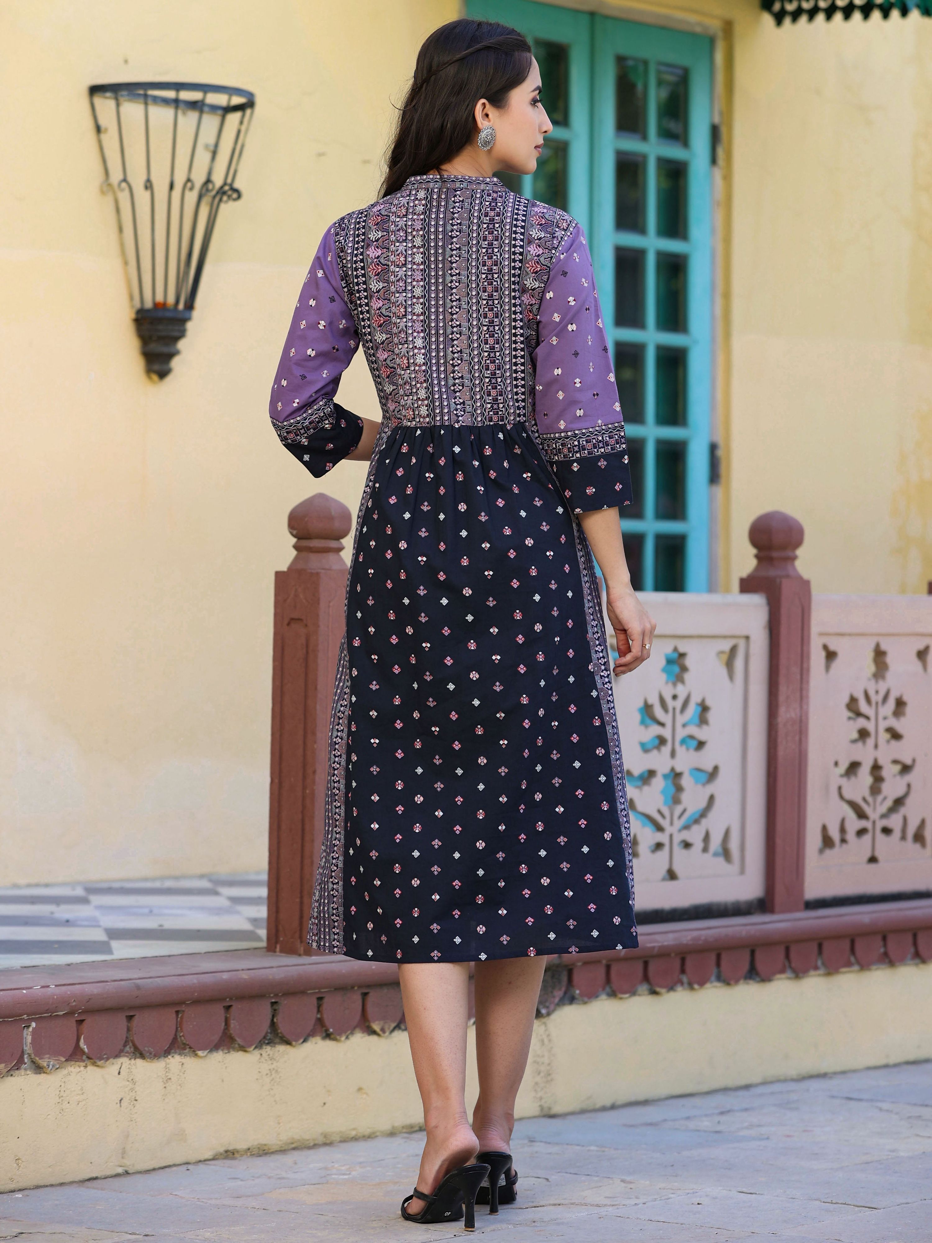 Juniper Women's Lavender Cambric Printed Embroidered Flared Dress | Grocsy
