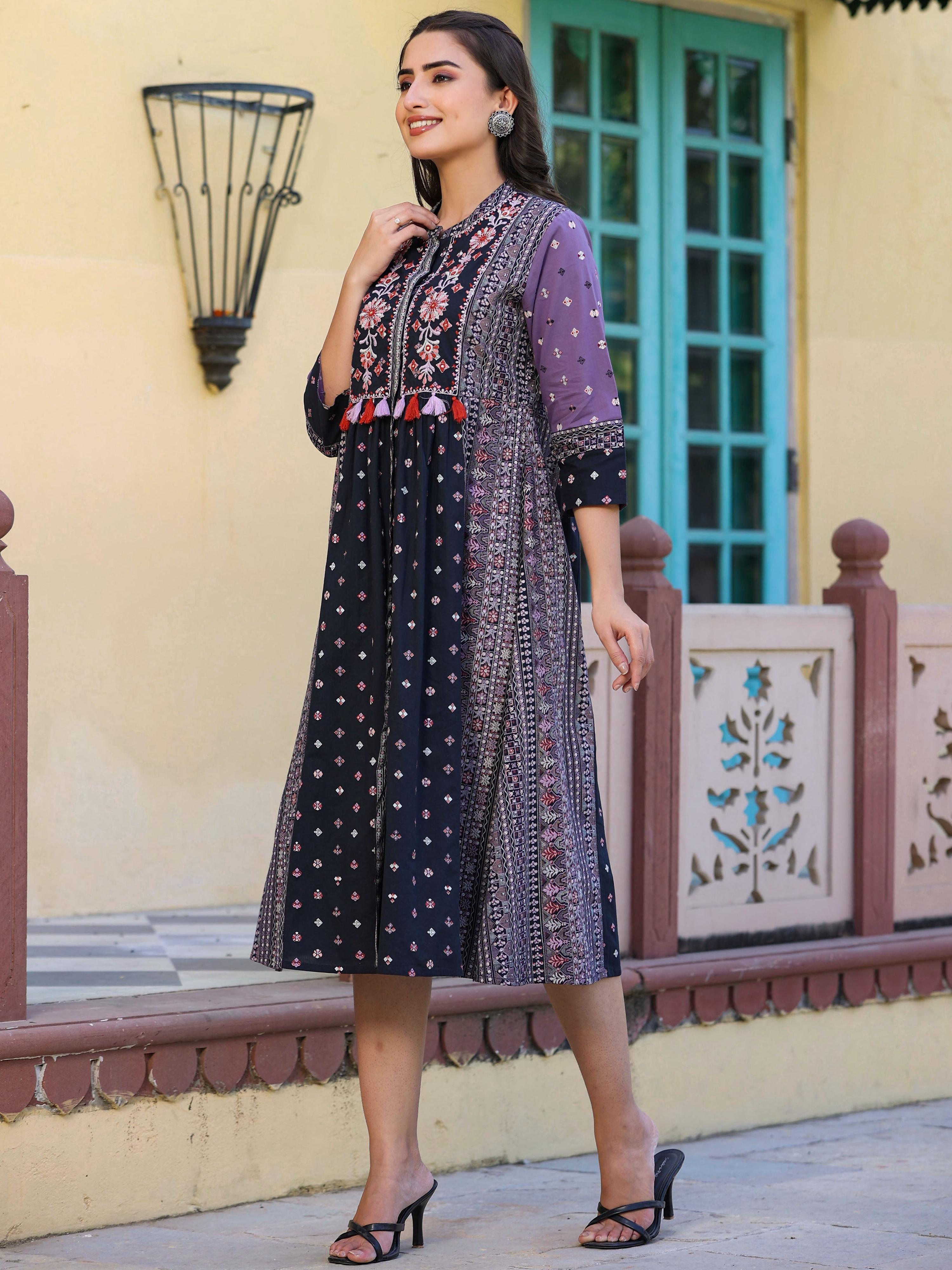 Juniper Women's Lavender Cambric Printed Embroidered Flared Dress | Grocsy