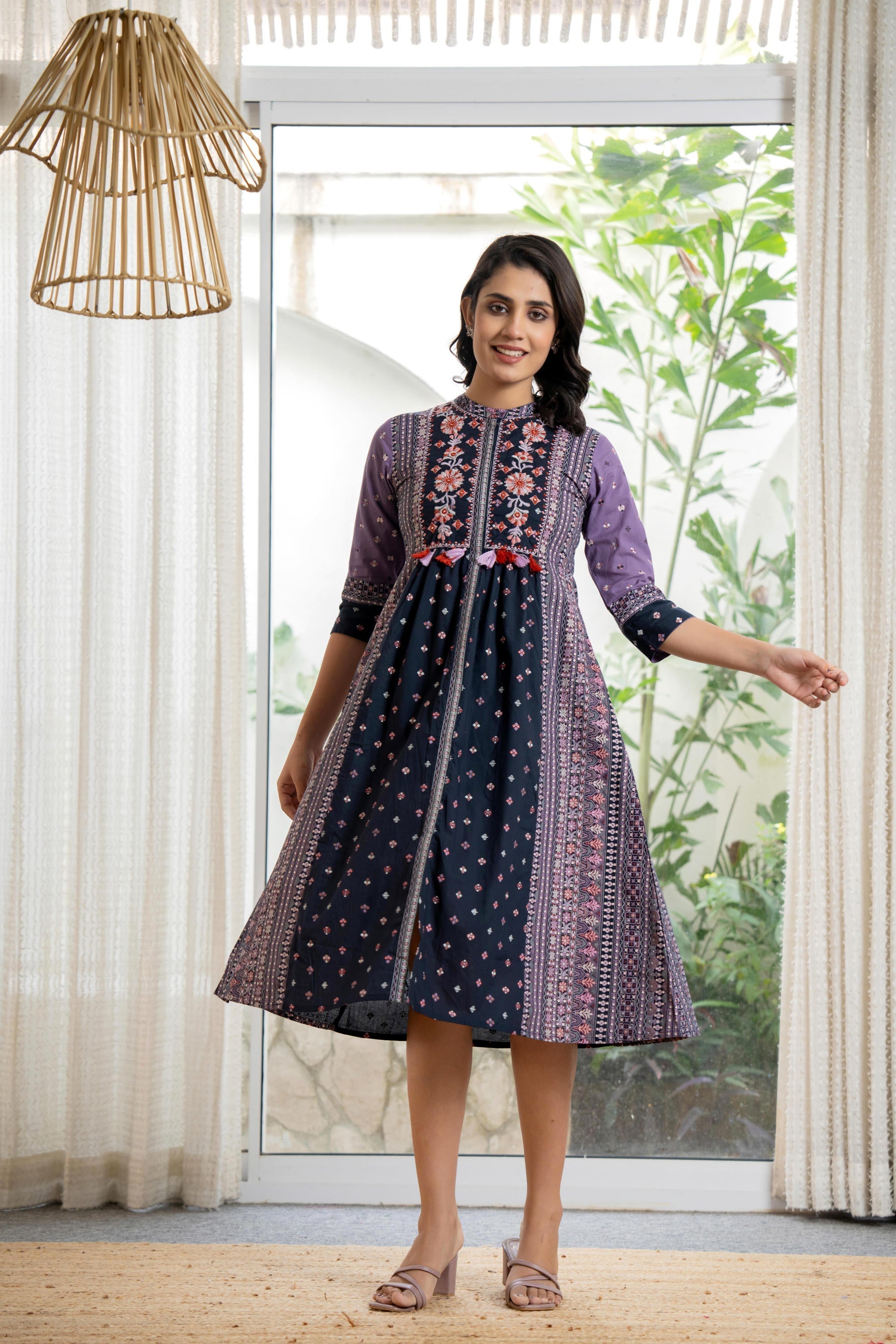 Juniper Lavender Floral Printed Cotton Dress With Thread Work & Tassels | Grocsy