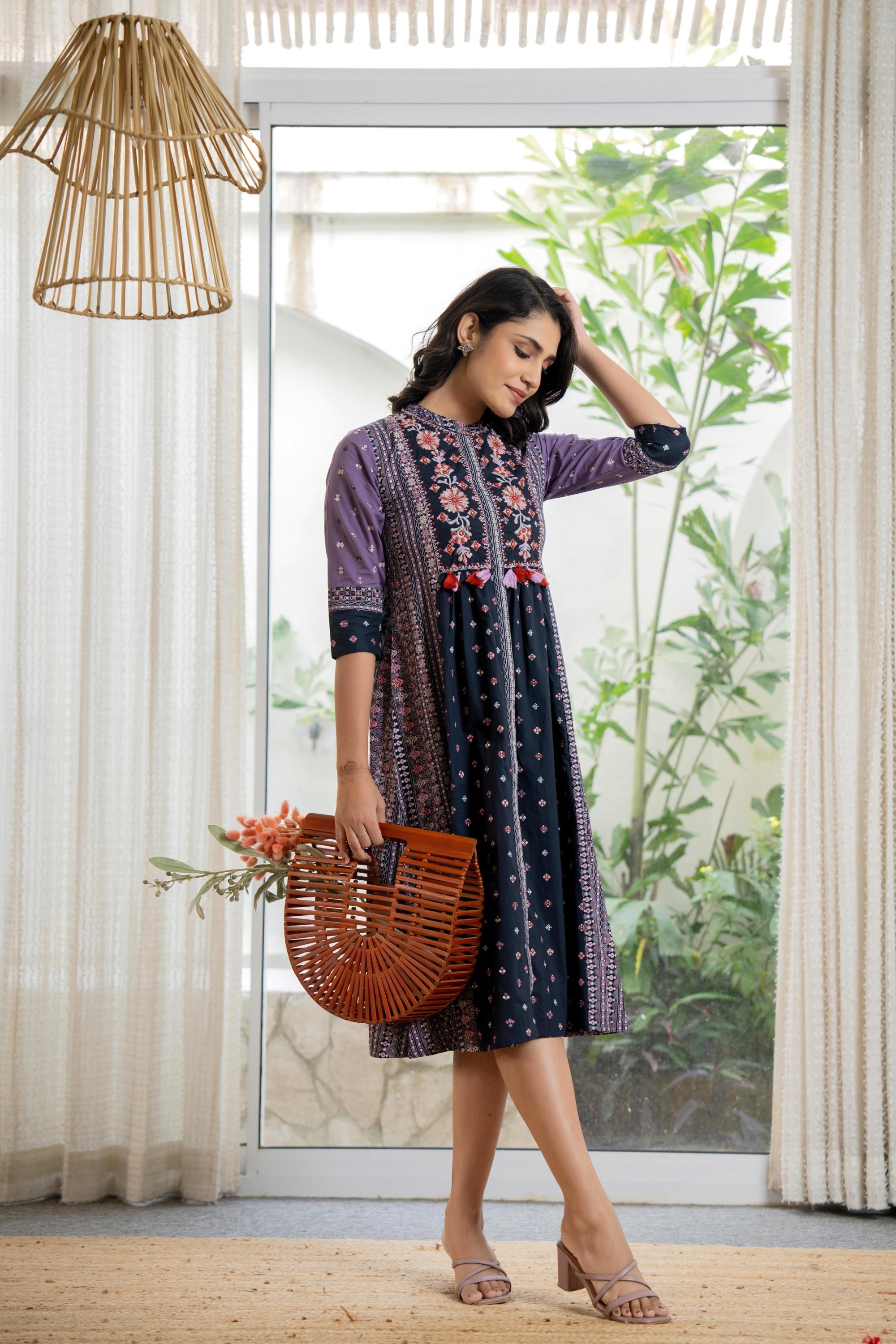 Juniper Lavender Floral Printed Cotton Dress With Thread Work & Tassels | Grocsy