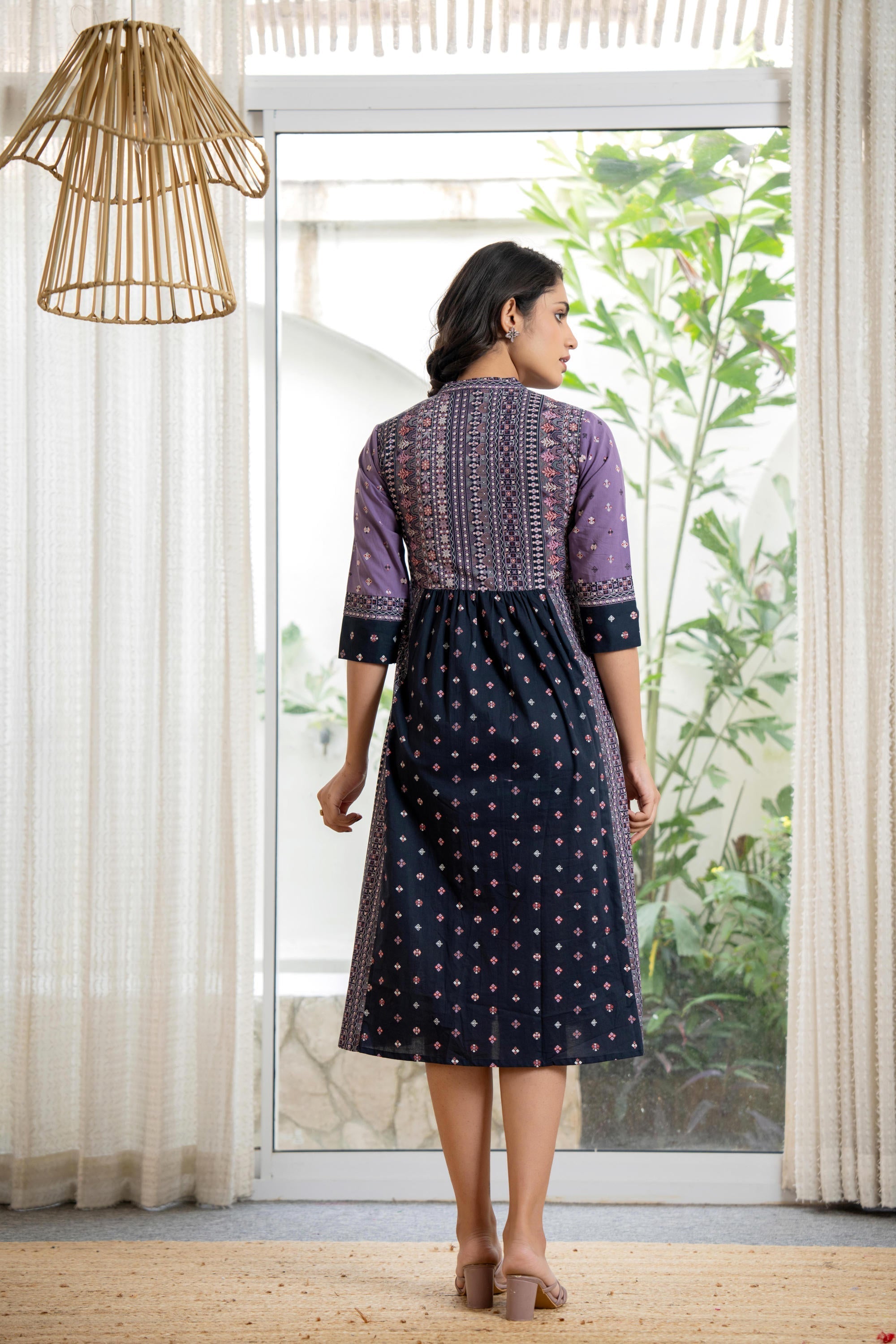 Juniper Lavender Floral Printed Cotton Dress With Thread Work & Tassels | Grocsy