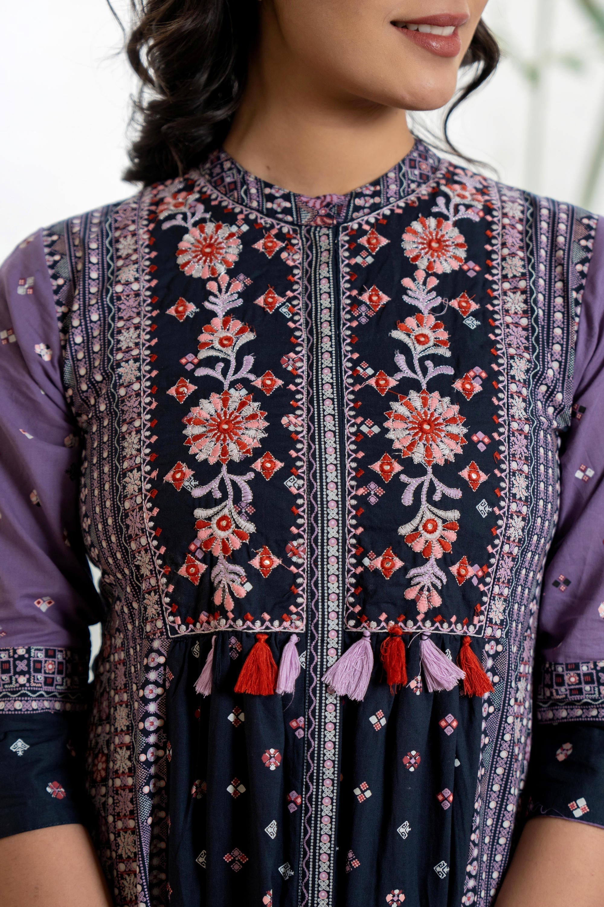 Juniper Lavender Floral Printed Cotton Dress With Thread Work & Tassels | Grocsy