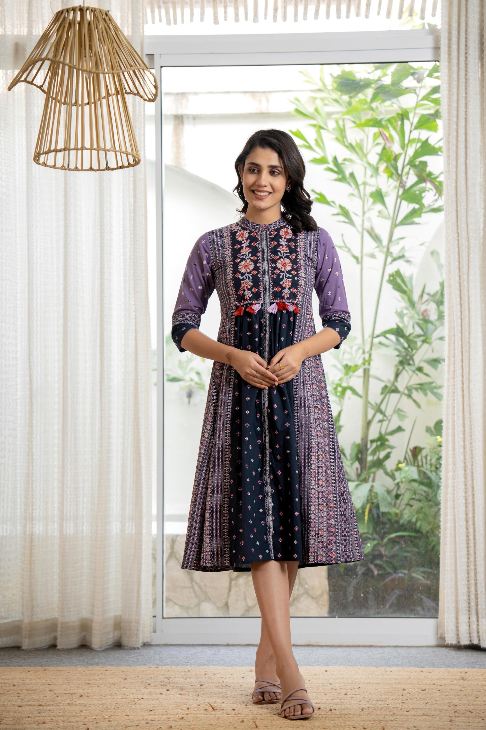 Juniper Lavender Floral Printed Cotton Dress With Thread Work & Tassels | Grocsy