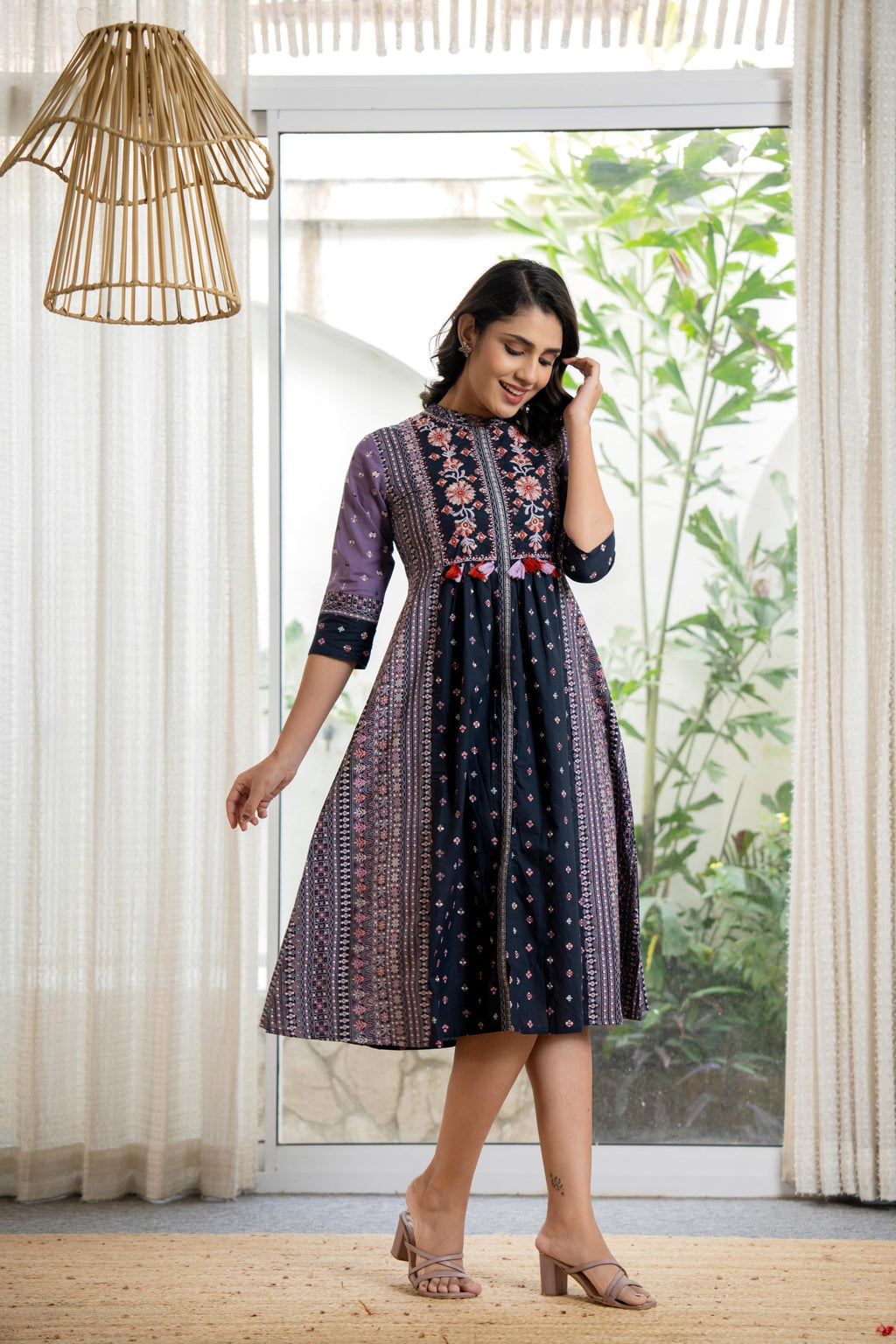 Juniper Lavender Floral Printed Cotton Dress With Thread Work & Tassels | Grocsy