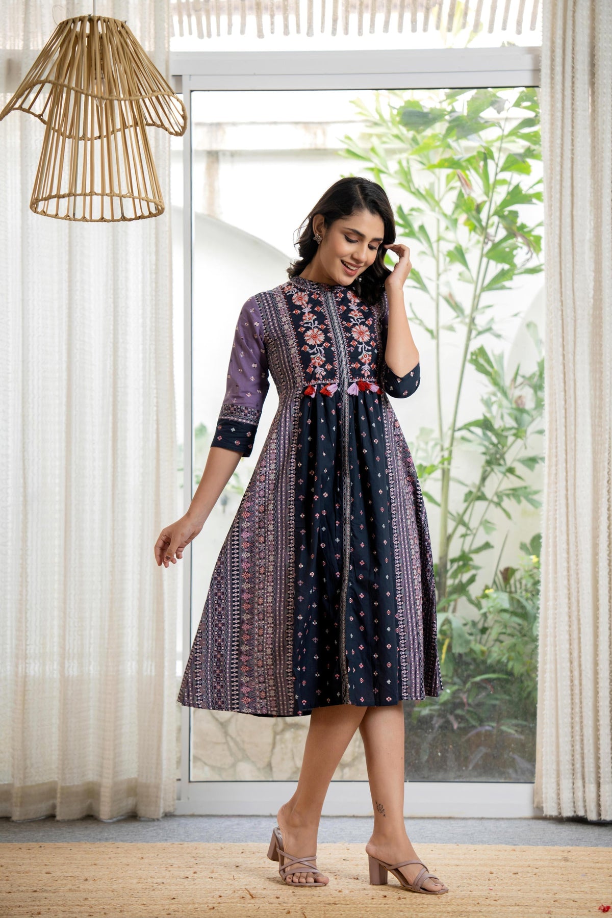 Juniper Lavender Floral Printed Cotton Dress With Thread Work & Tassels | Grocsy