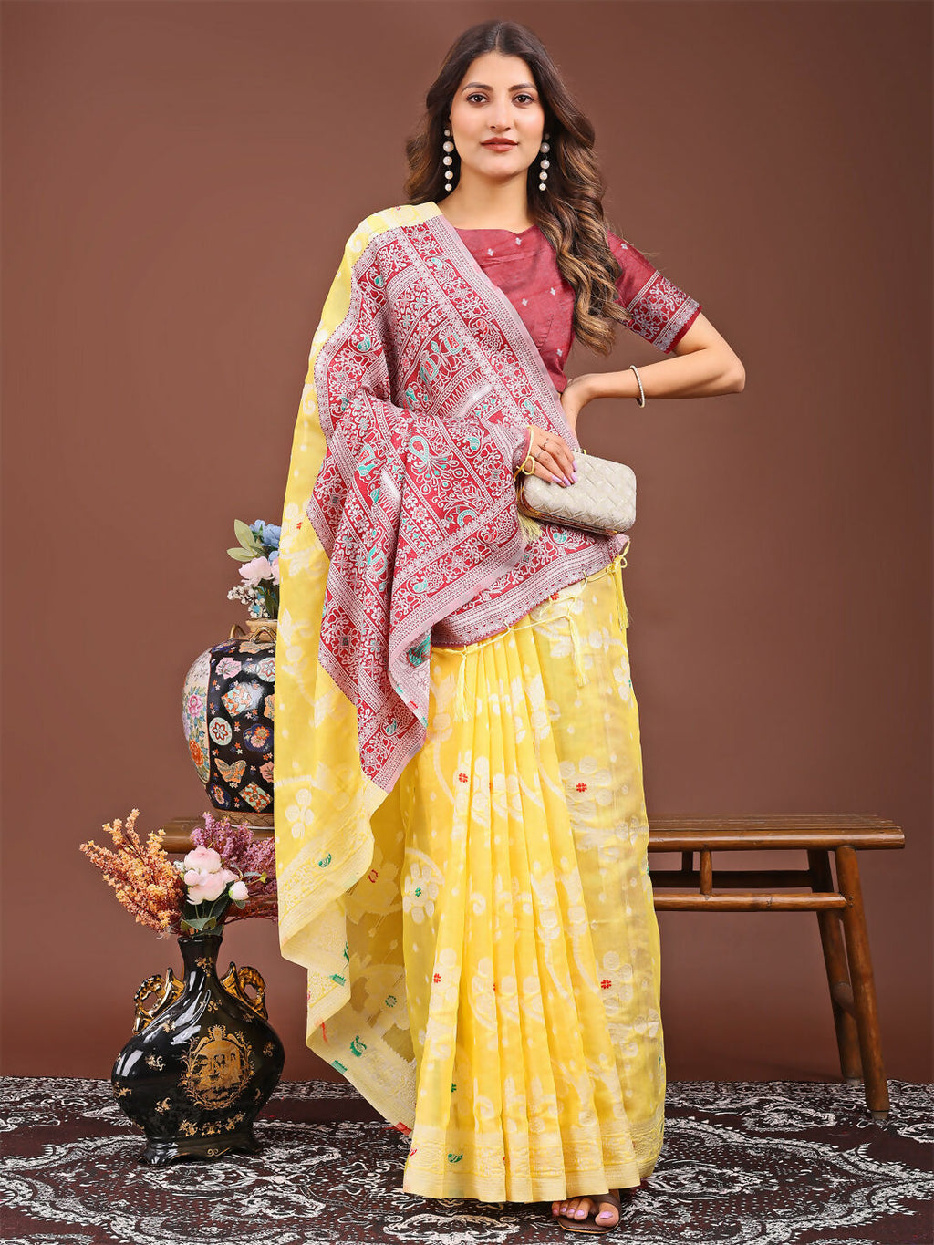 Shree Shyam Fashion Anaya Yellow Linen Cotton Saree | Grocsy