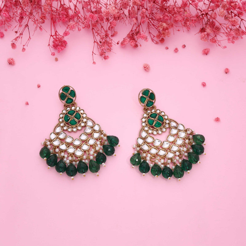 Tehzeeb Creations Gold Polish Kundan Green Colour Earrings | Grocsy