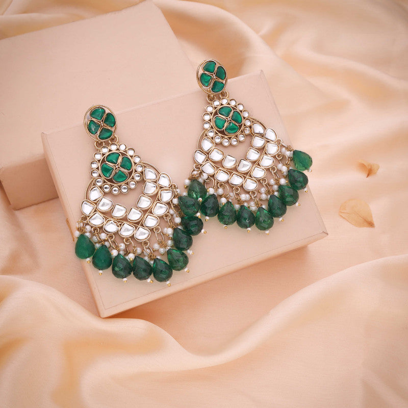 Tehzeeb Creations Gold Polish Kundan Green Colour Earrings | Grocsy