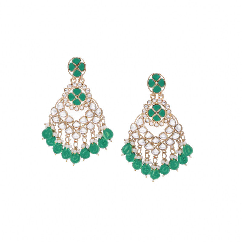Tehzeeb Creations Gold Polish Kundan Green Colour Earrings | Grocsy