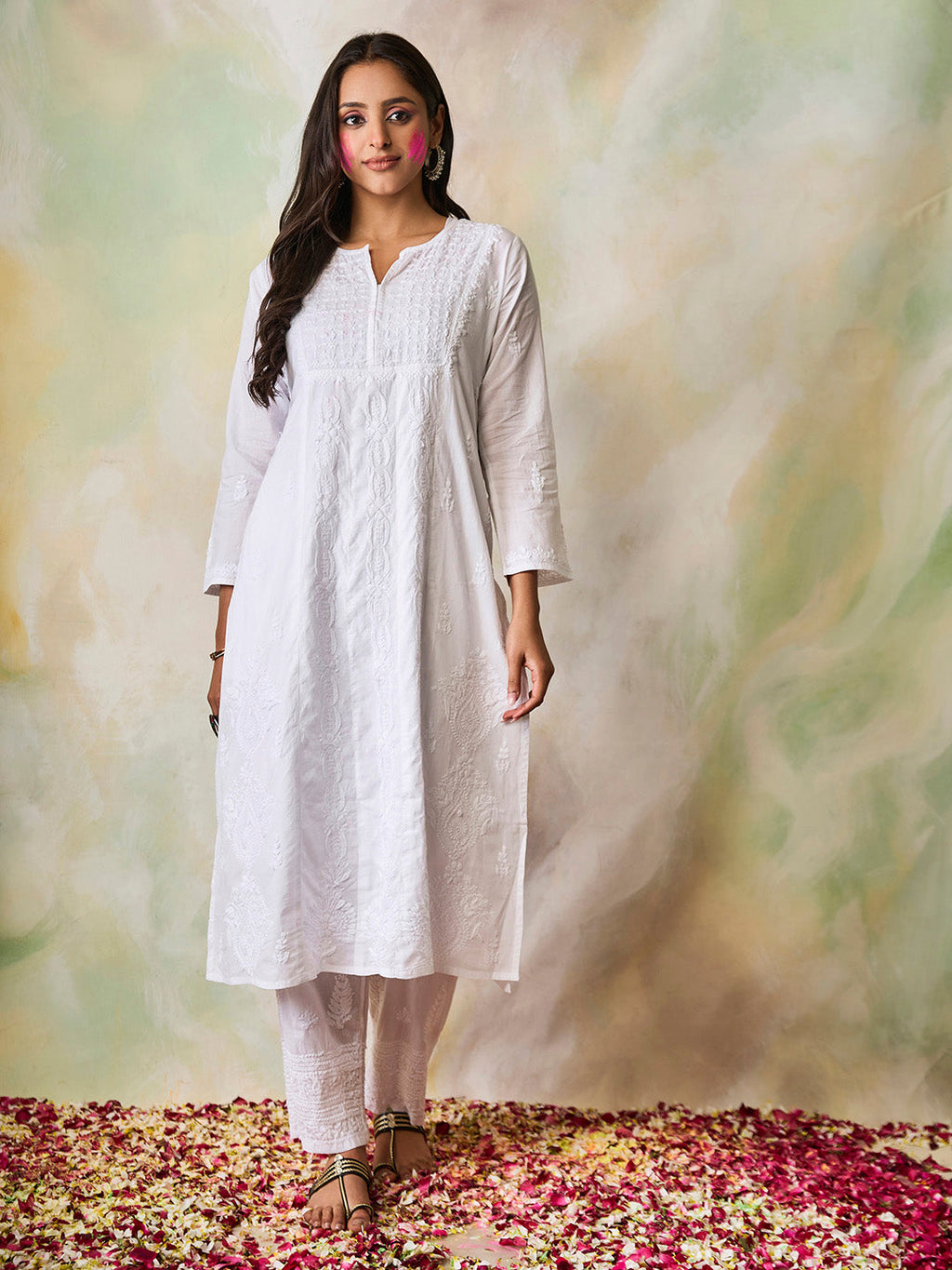 HOUSE OF KARI Notched Neck Ethnic Motifs Embroidered Chikankari Cotton Kurta | Grocsy