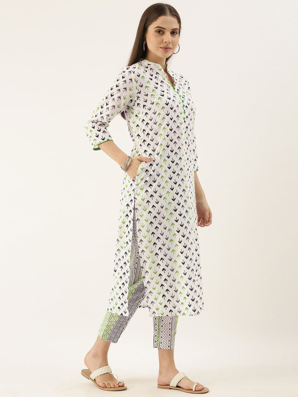 Sangria Women White Printed Pure Cotton Kurta with Trousers | Grocsy