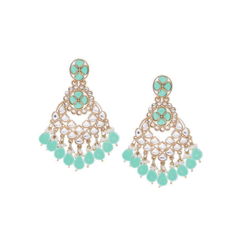 Tehzeeb Creations Gold Polish Kundan Sea Green Colour Earrings | Grocsy