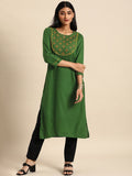 All About You Women Green Ethnic Motifs Yoke Design Keyhole Neck Straight Kurta | Grocsy