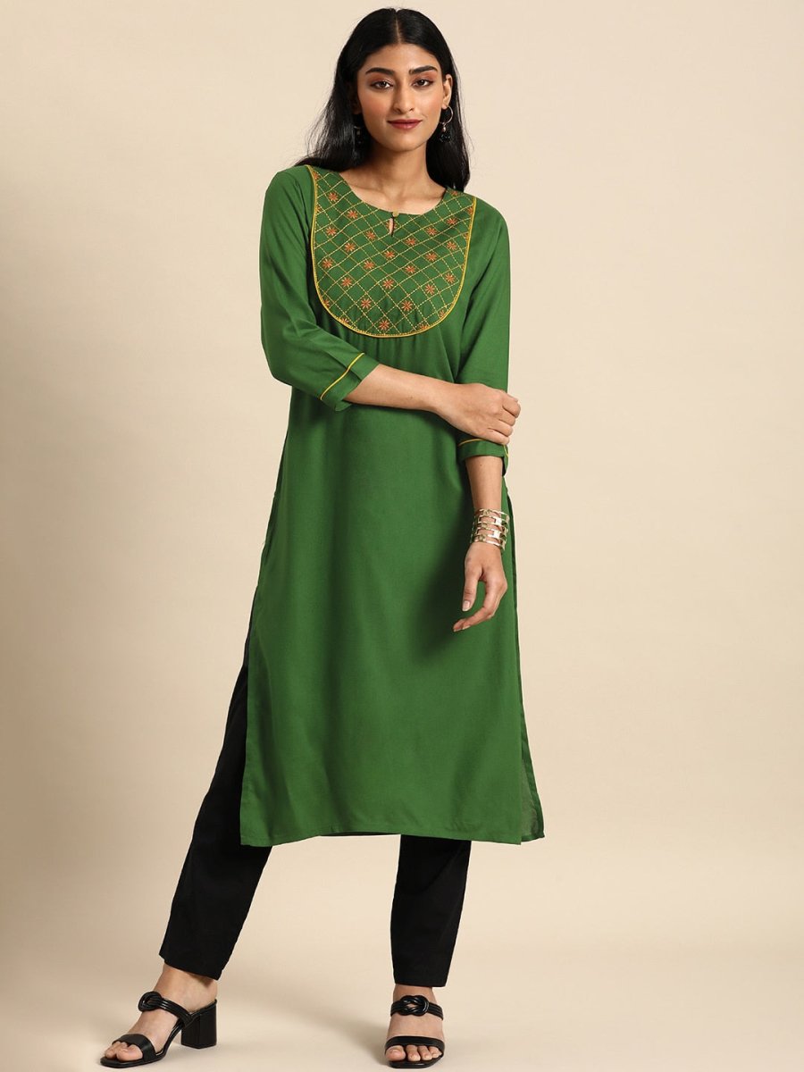 All About You Women Green Ethnic Motifs Yoke Design Keyhole Neck Straight Kurta | Grocsy