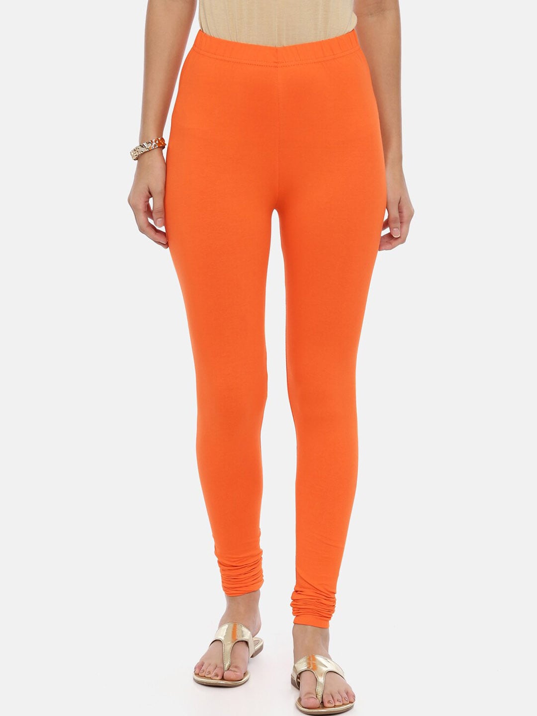 Souchii Orange Solid Slim-Fit Churidar-Length Leggings | Grocsy