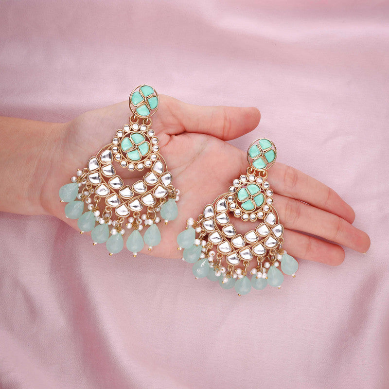 Tehzeeb Creations Gold Polish Kundan Sea Green Colour Earrings | Grocsy