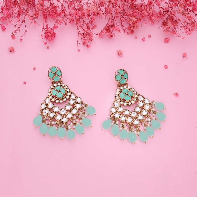 Tehzeeb Creations Gold Polish Kundan Sea Green Colour Earrings | Grocsy