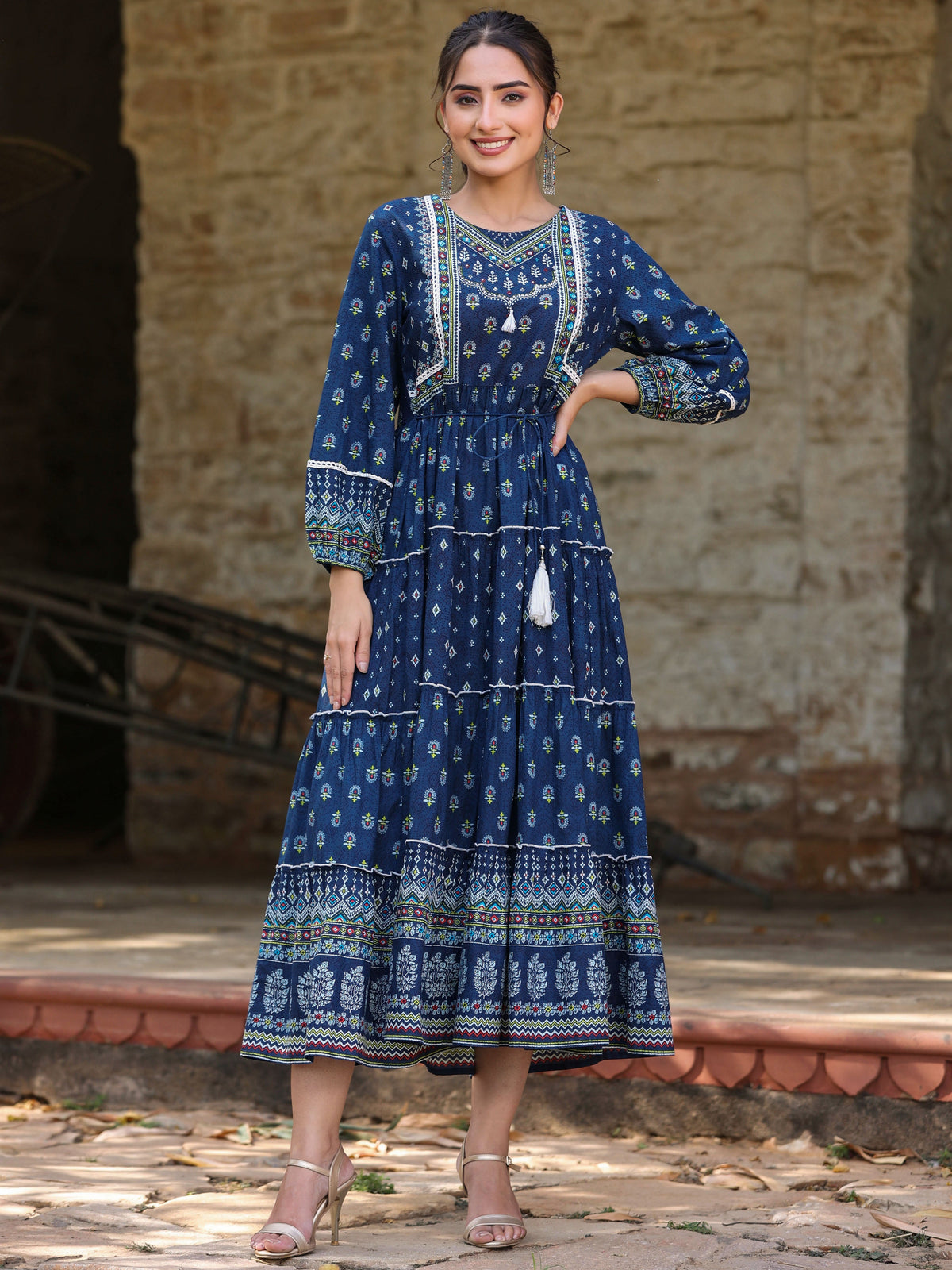 Juniper Women's Navy Blue Ethnic Motif Printed Pure Cotton Tiered Maxi Dress | Grocsy
