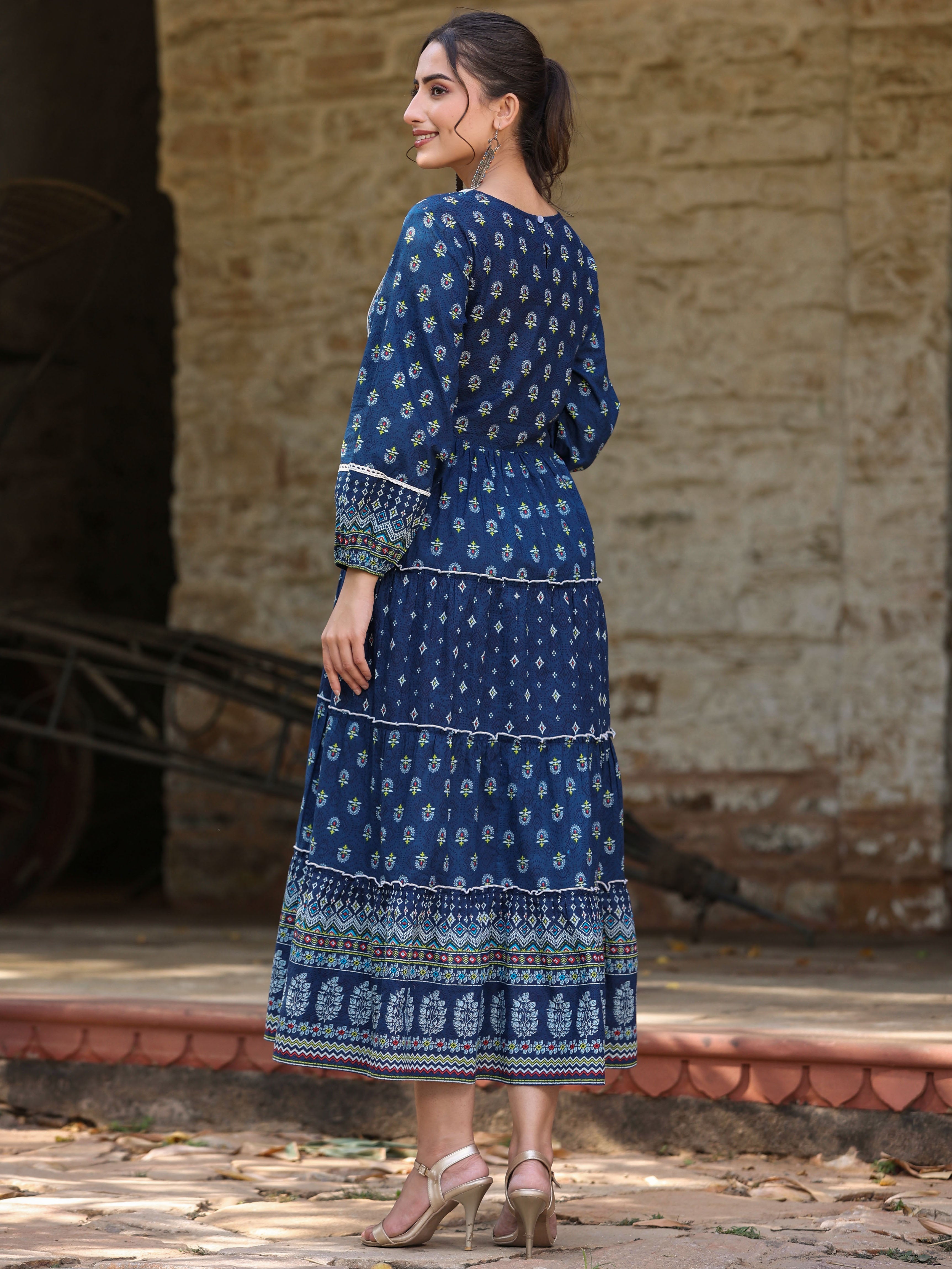 Juniper Women's Navy Blue Ethnic Motif Printed Pure Cotton Tiered Maxi Dress | Grocsy