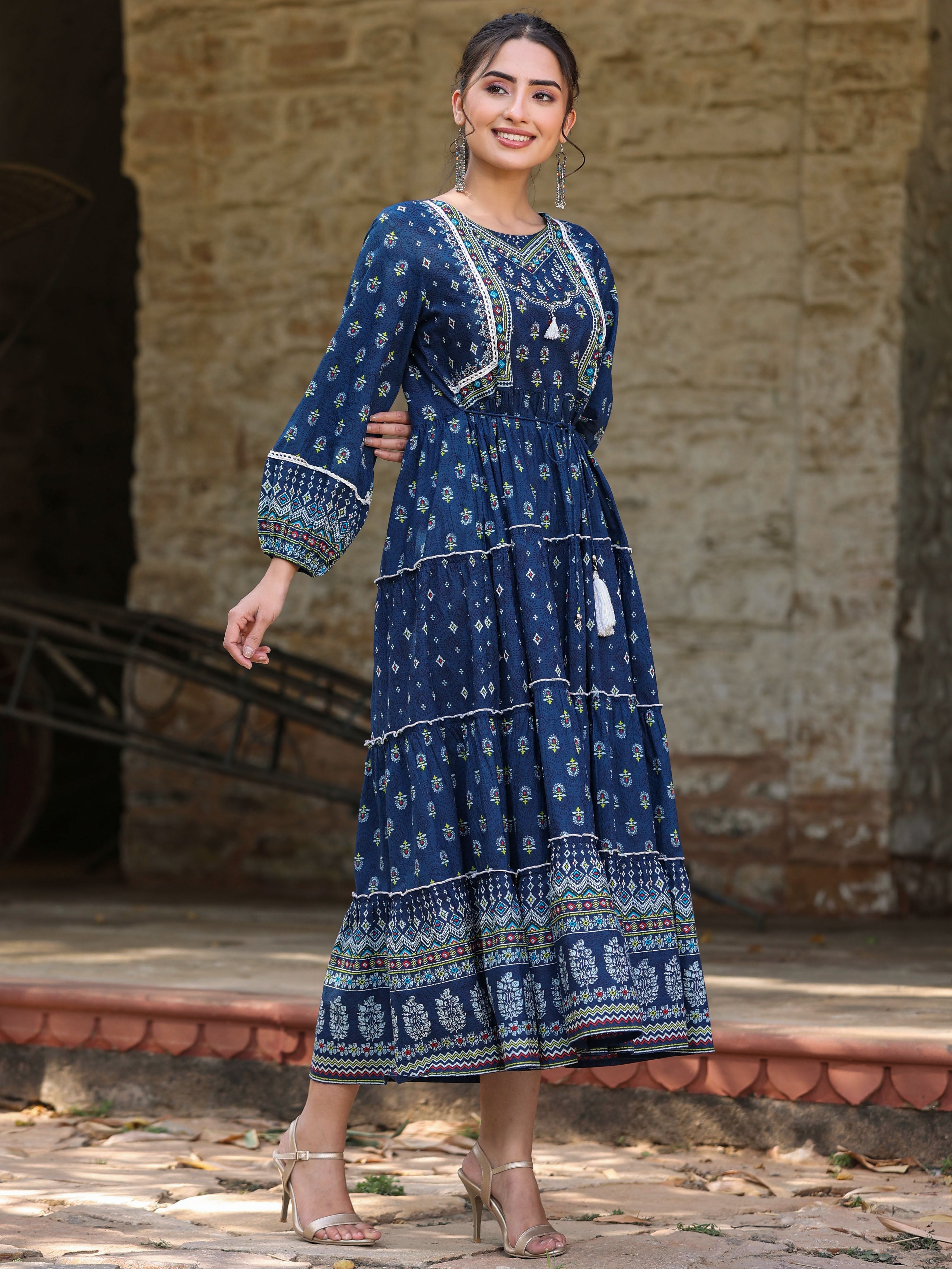 Juniper Women's Navy Blue Ethnic Motif Printed Pure Cotton Tiered Maxi Dress | Grocsy