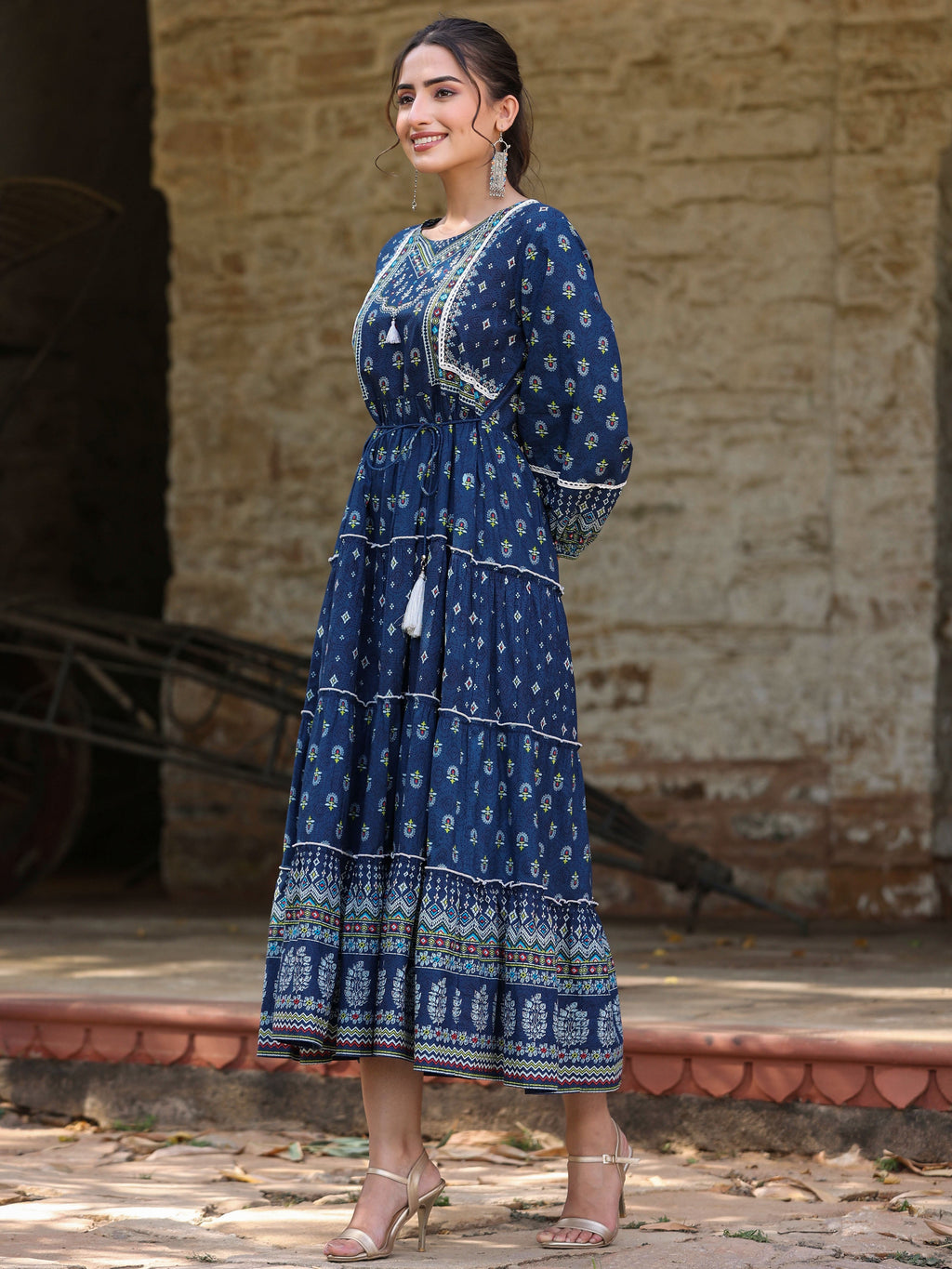 Juniper Women's Navy Blue Ethnic Motif Printed Pure Cotton Tiered Maxi Dress | Grocsy