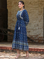 Juniper Women's Navy Blue Ethnic Motif Printed Pure Cotton Tiered Maxi Dress | Grocsy