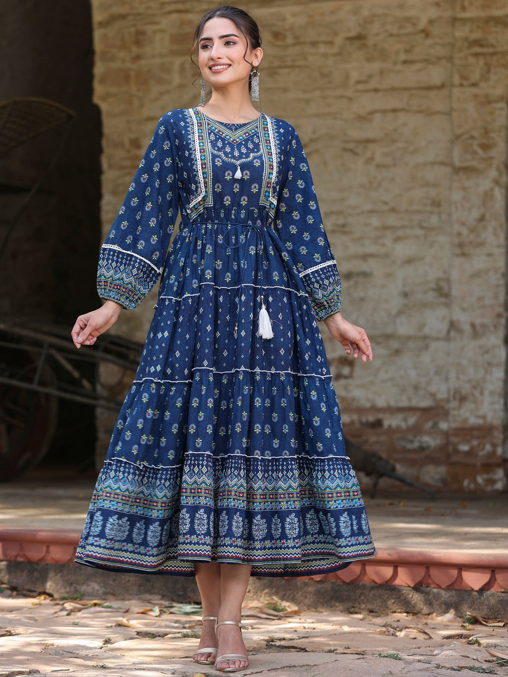 Juniper Women's Navy Blue Ethnic Motif Printed Pure Cotton Tiered Maxi Dress | Grocsy