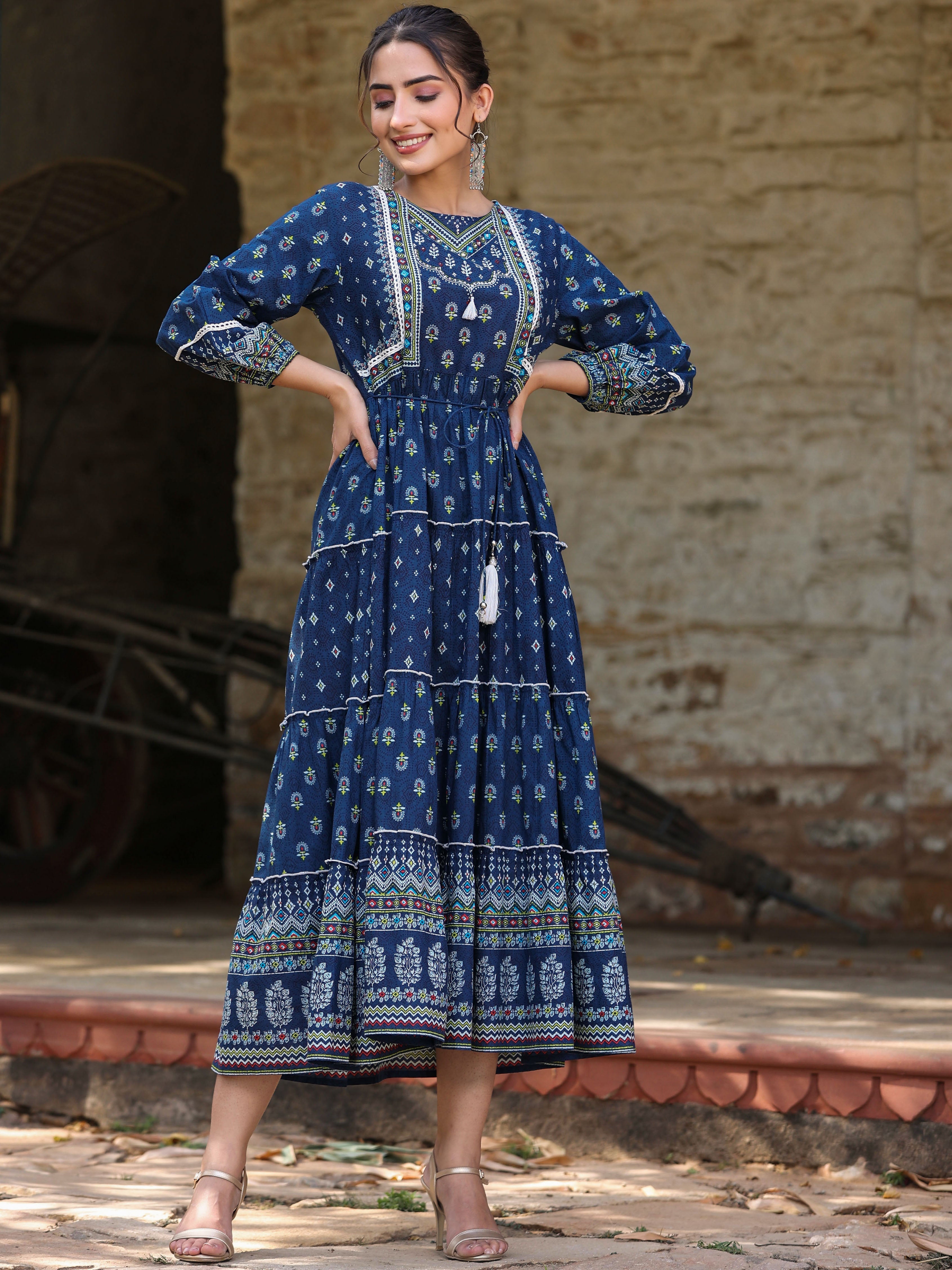 Juniper Women's Navy Blue Ethnic Motif Printed Pure Cotton Tiered Maxi Dress | Grocsy