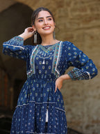 Juniper Women's Navy Blue Ethnic Motif Printed Pure Cotton Tiered Maxi Dress | Grocsy