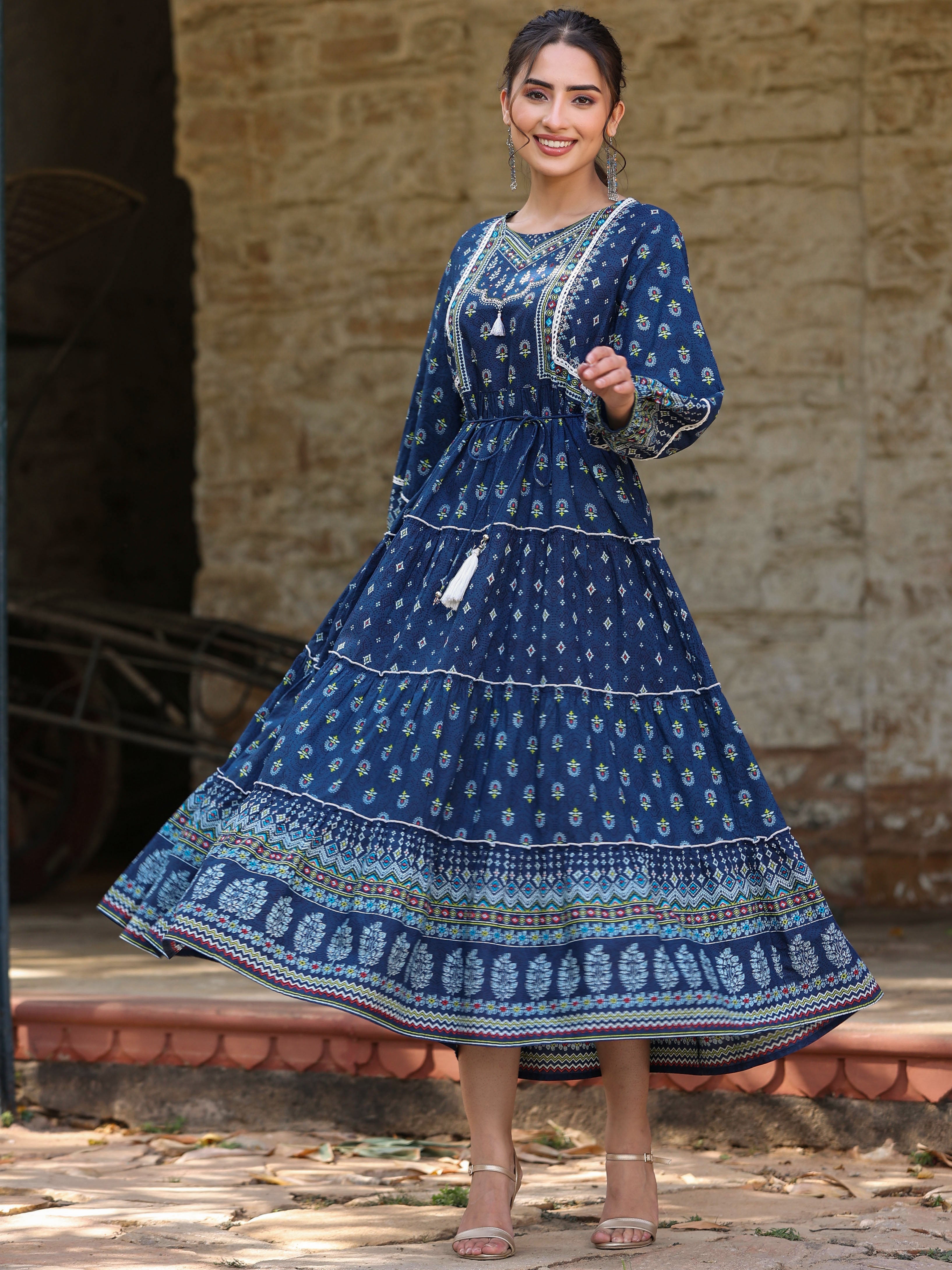 Juniper Women's Navy Blue Ethnic Motif Printed Pure Cotton Tiered Maxi Dress | Grocsy
