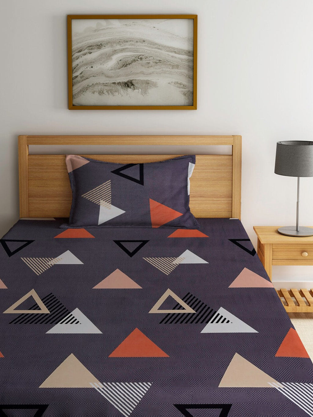 Home Sizzler Grey & White Geometric 144 TC Single Bedsheet with 1 Pillow Covers | Grocsy